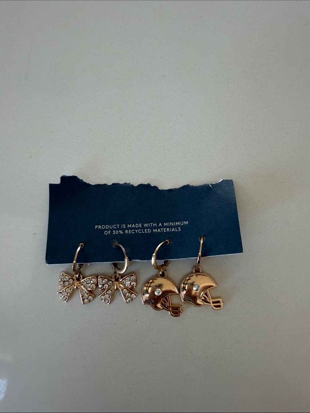 Gold Tone Crystal Bow & Football Helmet Charm Hoop Earrings - Women's Jewelry
